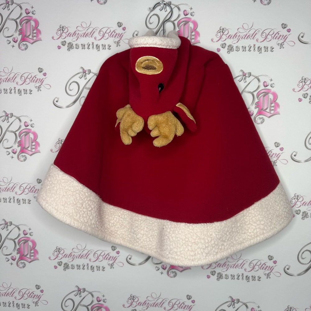 Doppio’s poncho reindeer kids red white Pom poms deer hood cute cozy warm Xmas - Picture 4 of 8